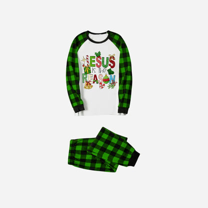 Christmas Cartoon Family Christmas Pajamas Set - White Top with Green Plaid Sleeves and Green Plaid Pants and “Jesus is the Reason” Design