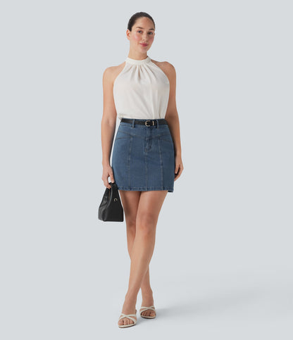 FlexTM Mid Rise A Line Stretchy Knit Denim Mini Casual Skirt with Pockets