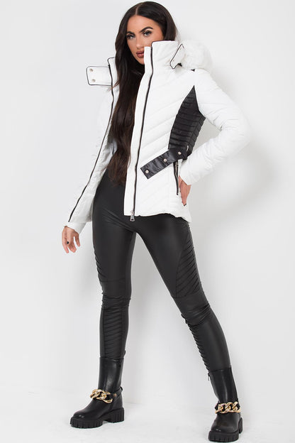 Puffer Quilted Jacket With Faux Fur Hood Belted White