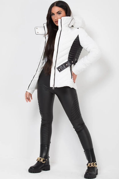 Puffer Quilted Jacket With Faux Fur Hood Belted White