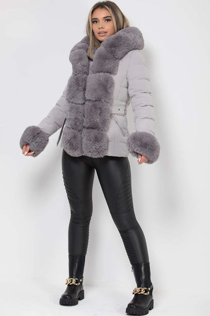 Puffer Jacket With Luxury Faux Fur Hood And Trim Grey