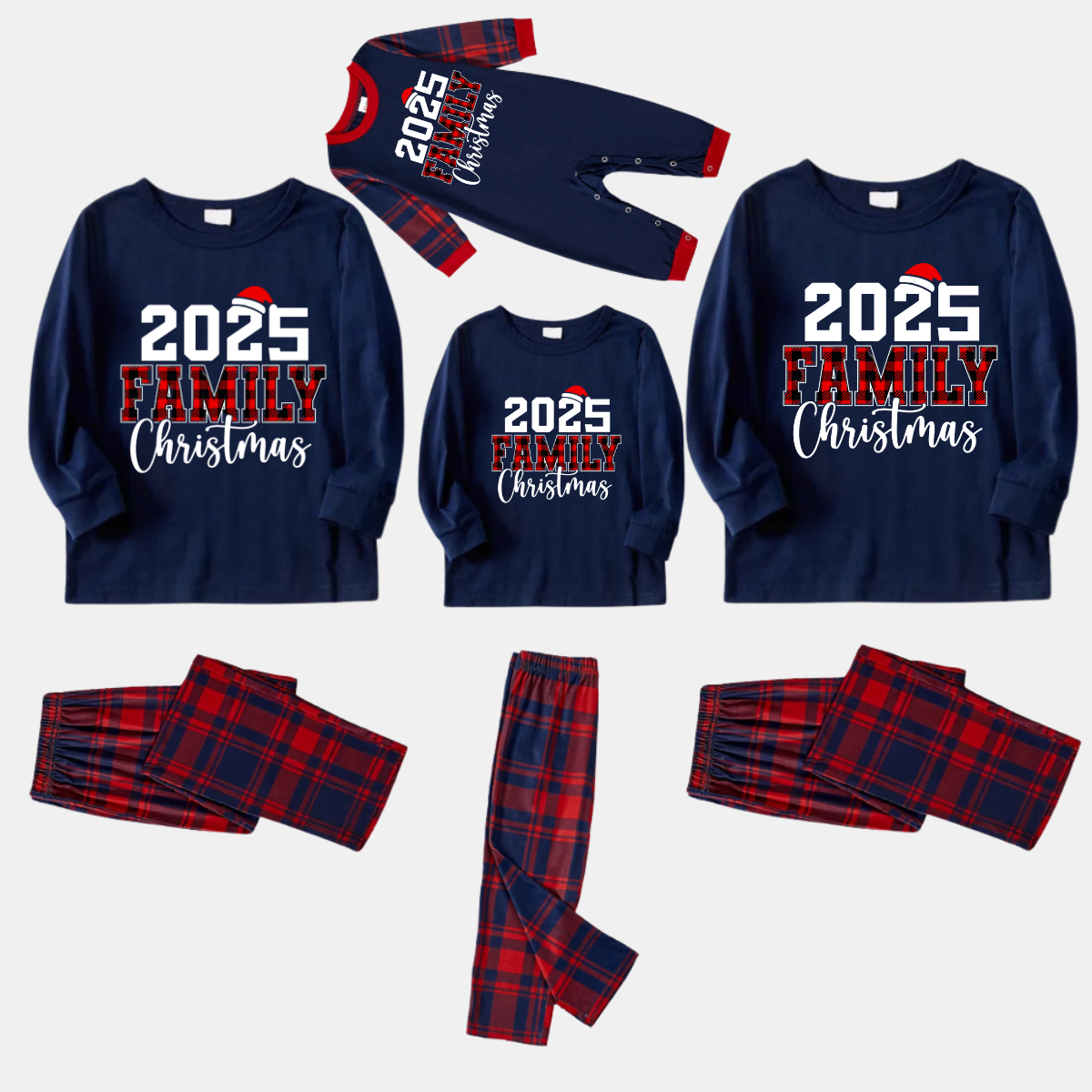 "2025 Christmas" Text and Santa Hat Prints Blue Long Sleeves Top with Red and Blue Plaid Pants Christmas Matching Pajamas