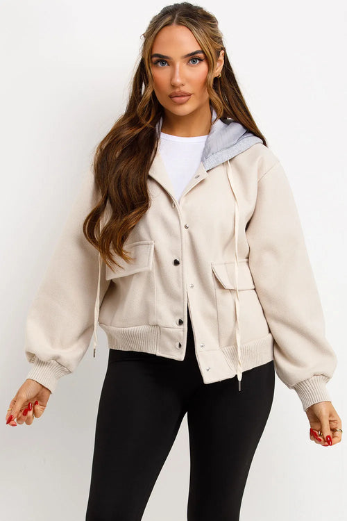 Bomber Baseball Jacket With Hood Beige
