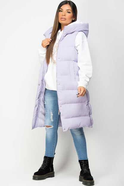 Padded Longline Hooded Gilet Lilac