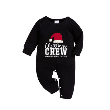 Christmas Family Matching Pajamas-Black Top and Green Plaid Pants Pjs Set with "Christmas Crew Making Memories Together " and Santa Hat Pattern Print