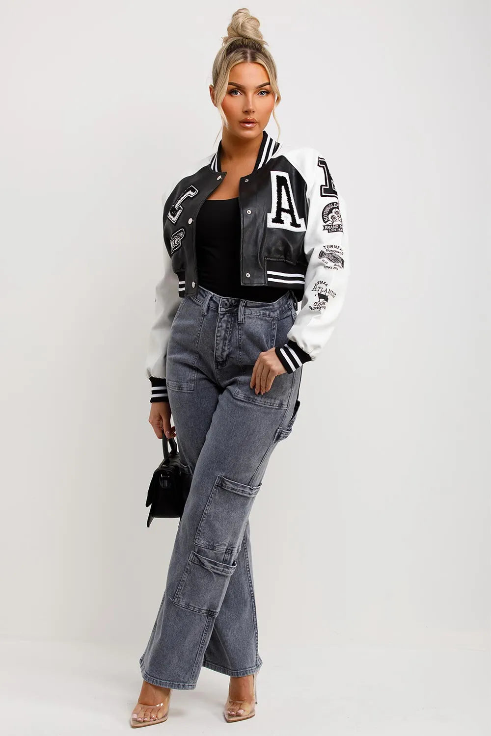 Varsity Bomber Faux Leather Jacket With Letter Detail Black White