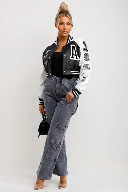 Varsity Bomber Faux Leather Jacket With Letter Detail Black White