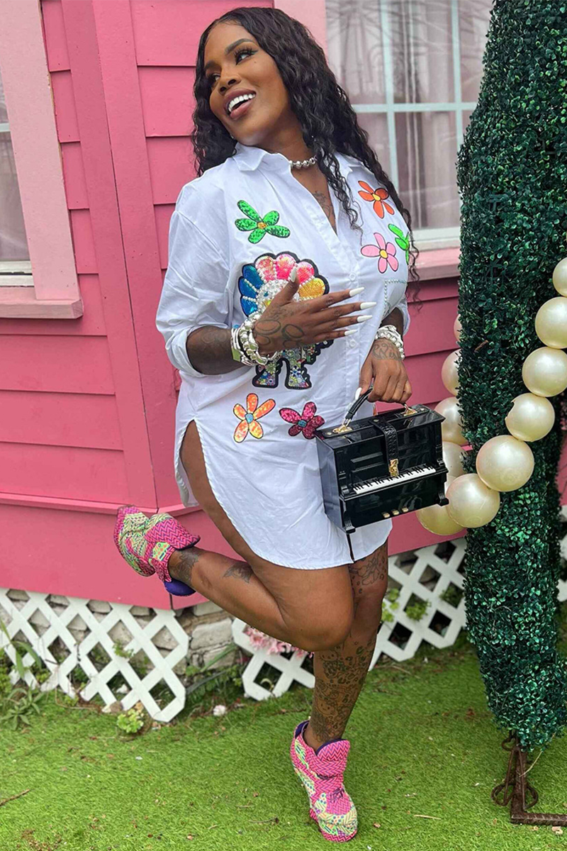 Floral Pattern Turndown Collar Button Up Blouse Mini Dresses-White