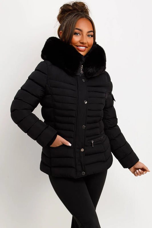 Puffer Jacket With Faux Fur Hood Side Buckle Detail Black