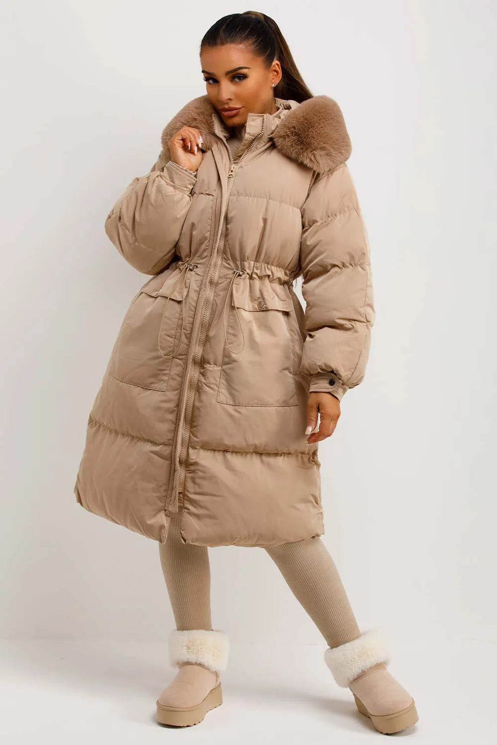 Long Puffer Coat With Faux Fur Hood And Drawstring Waist Beige