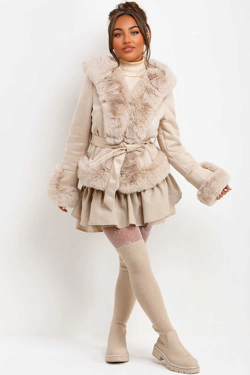 Faux Fur Faux Suede Jacket With Belt Beige