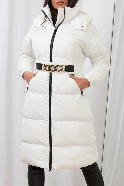 Long Puffer Padded Coat With Gold Chain Belt White