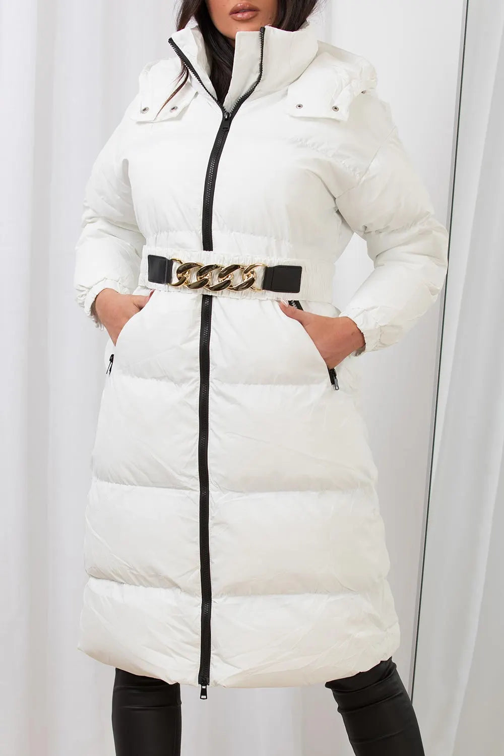 Long Puffer Padded Coat With Gold Chain Belt White