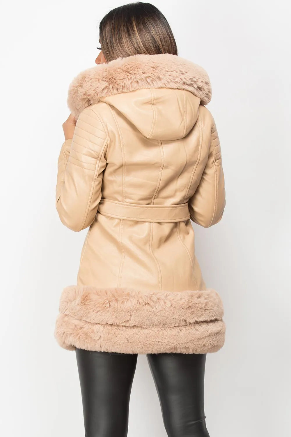 Faux Fur Faux Leather Hooded Belted Jacket Beige