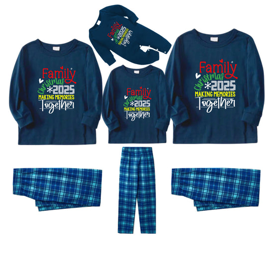 Christmas Family Matching Pajamas-Navy & Sky Blue Plaid Pjs Set with "Family Christmas 2025 Making Memories Together" Artistic Font Print