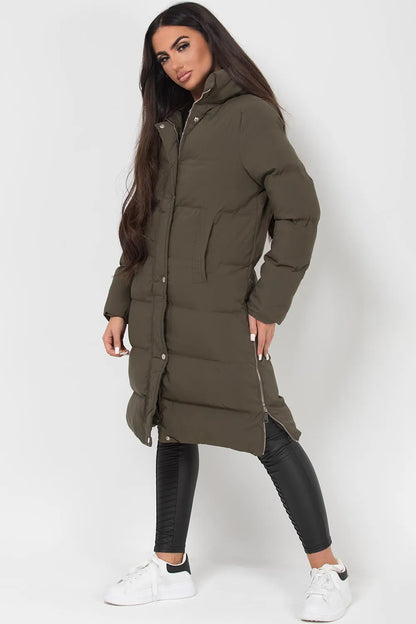 Long Puffer Coat With Side Zip Khaki