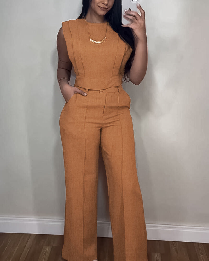 2 Pieces Outfit 3D Cutting Decor Design Cap Sleeve Hollow-out Back Crop Top and Casual Zipper Fly Seam Front Straight Pants Set