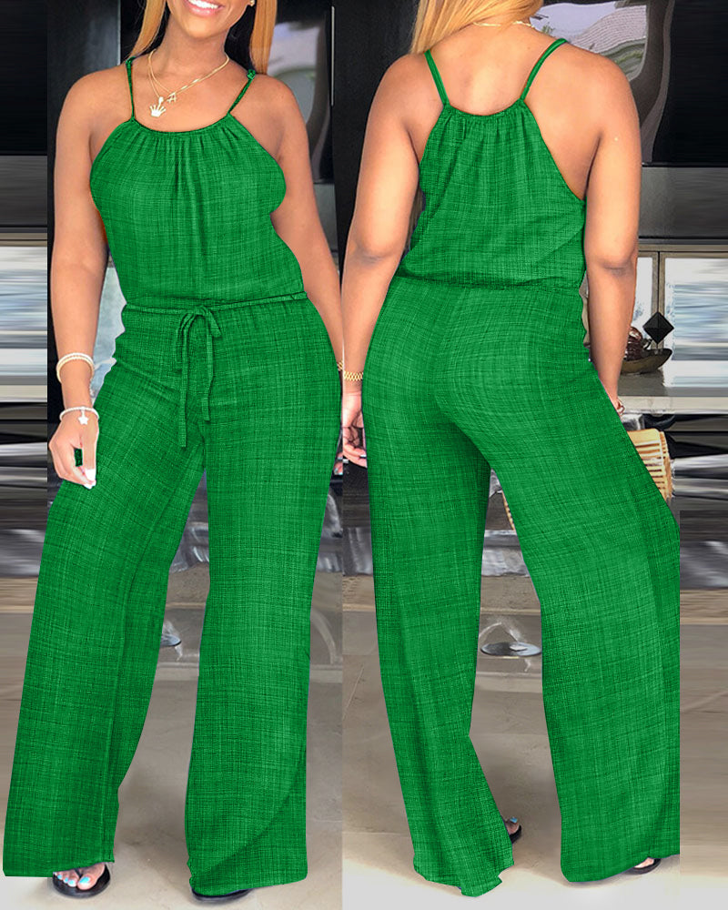 Womens Spaghetti Strap Drawstring Tied Waist Jumpsuit Casual Overalls