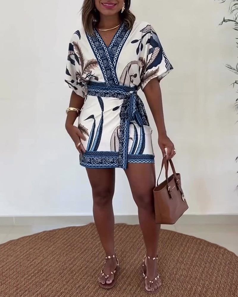 Women's Tropical Print Romper V Neck Wrap Knot Side Jumpsuit Half Sleeve Beach Vacation Summer Skorts Romper