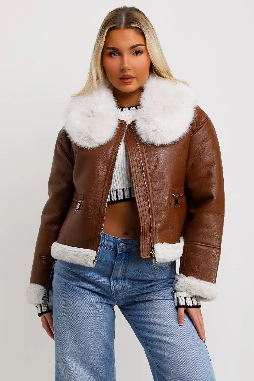 Crop Aviator Jacket With Fur Collar Brown