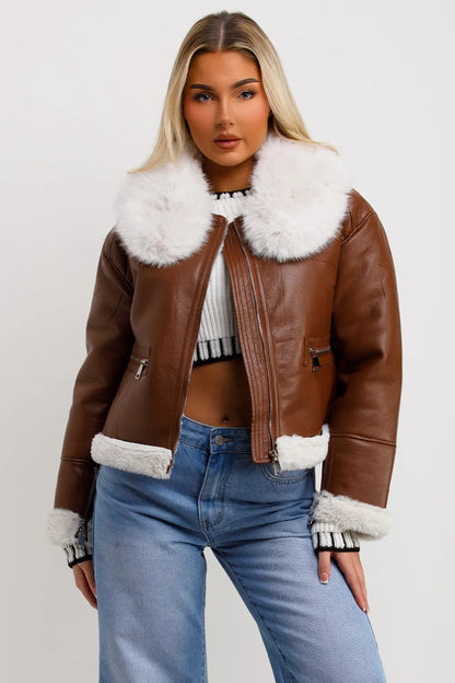 Crop Aviator Jacket With Fur Collar Brown