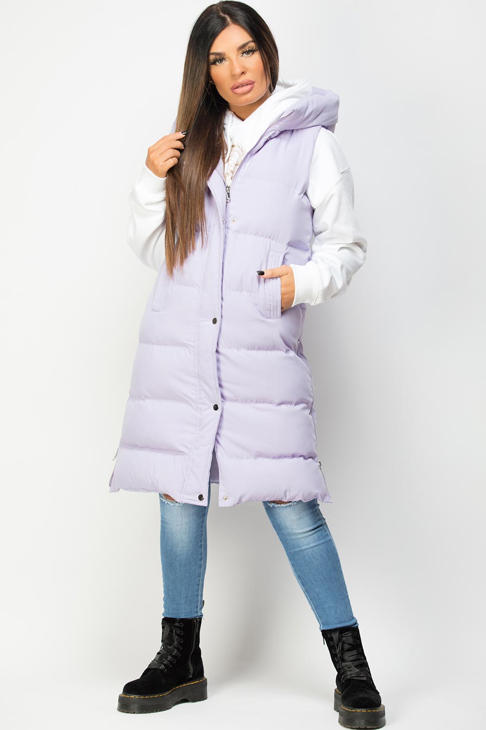 Padded Longline Hooded Gilet Lilac