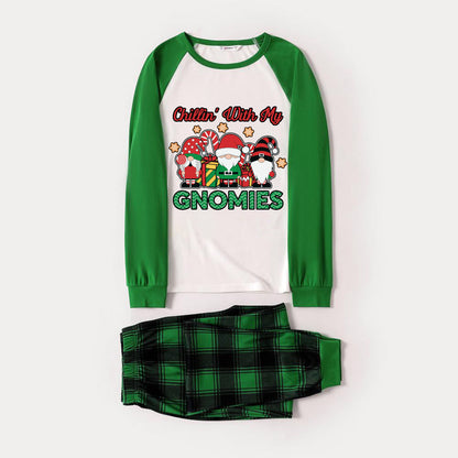 Green Raglan Top Green Plaid Christmas Pajamas Set With "Chillin With My GNOMIES" Green and Red Gnomes Print