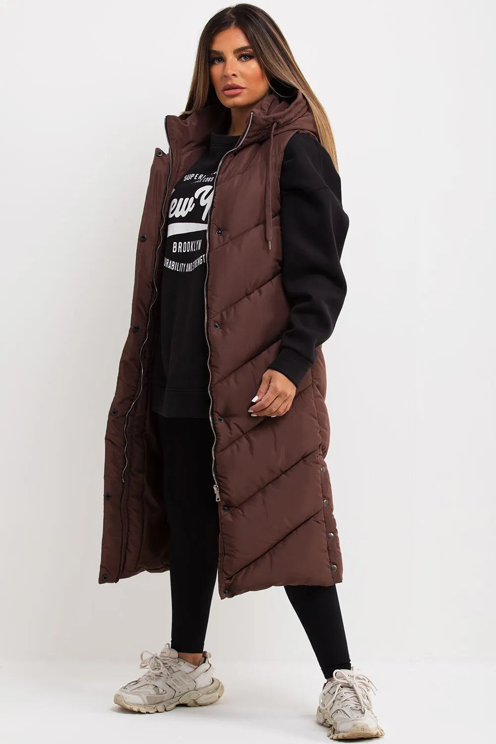 Brown Long Gilet With Chevron Padded Style
