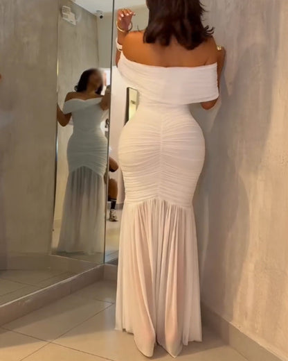 Foldover Off Shoulder Ruched Cinched Waist Minimalist Evening Dress Slim Fit Mermaid Hem Party Dress