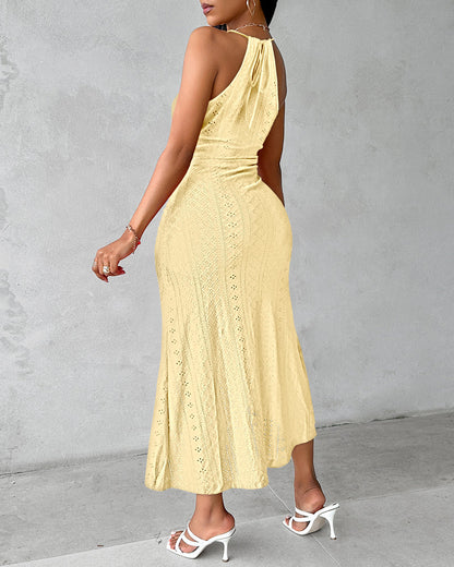Adjustable Halter Hollow-out Back Ruched Front Slit Dress Guipure Lace Yoke Eyelet Embroidery Vacation Dress