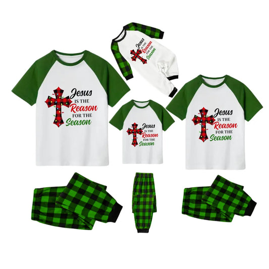 White Top Green Sleeves Green Plaid Pants Pajamas Set With "Jesus Is The Reason For The Season" Slogan Print