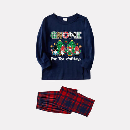 Christmas Family Matching Pajamas-Navy & Red Plaid Pjs Set with "Gnome For The Holidays" Slogan Print