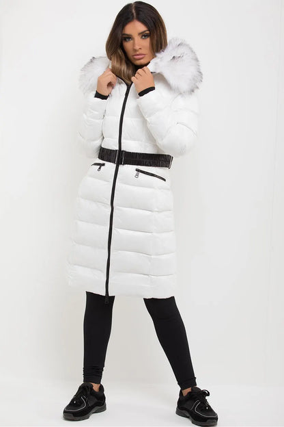 White Long Puffer Padded Jacket With Faux Fur Hood & Belt