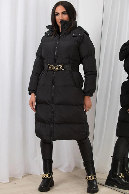 Black Long Puffer Padded Coat With Gold Chain Belt