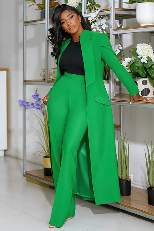 Turndown Collar Solid Color Long Blazer High Waist Pants 2pcs Set-Green