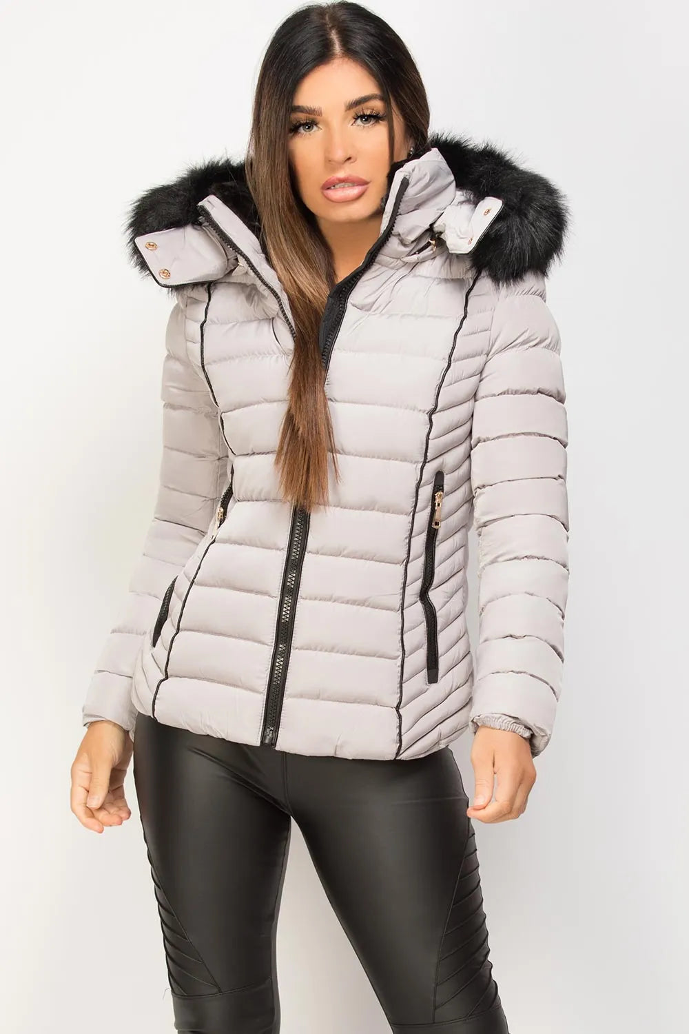 Grey Puffer Jacket With Faux fur Hood And Quilted Detail