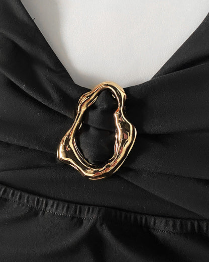 Metal Ring Decor V-Neck Adjustable Spaghetti Straps Bodycon Dress High Slit Hollow-out Evening Dress