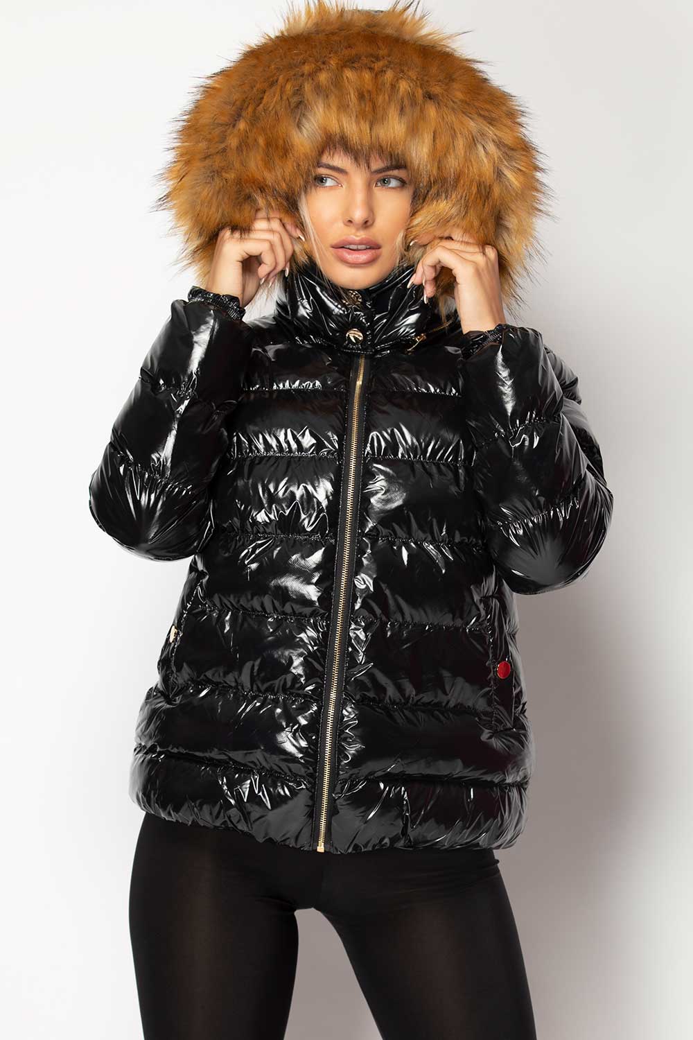Black Shiny Puffer Jacket With Chunky Fur Hood