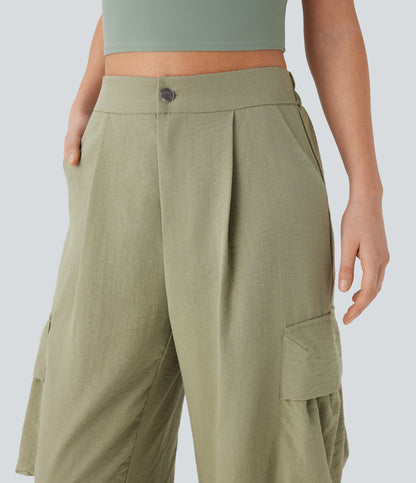 High Waisted Adjustable Drawstring Hem Linen-Feel Casual Cargo Pants with Pockets