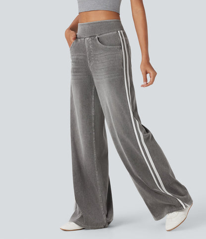 FlexTM High Waisted Stripe Wide Leg Flowy Washed Casual Jeans with Pockets