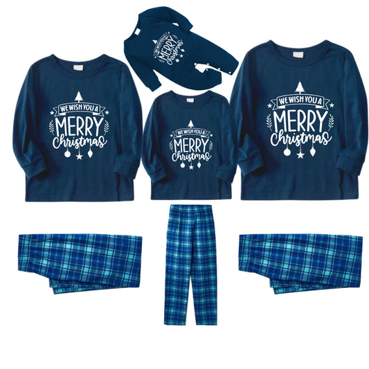 Christmas Family Matching Pajamas-Navy & Sky Blue Plaid Pjs Set with "We Wish You A Merry Christmas" Slogan Print