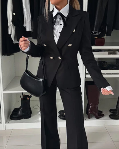 2 Pieces Outfit Notched Collar Double-Breasted Flap Detail Coat and Zipper Fly Elastic Back Waist Slim Fit Flared Pants Set Casual Blazer Set