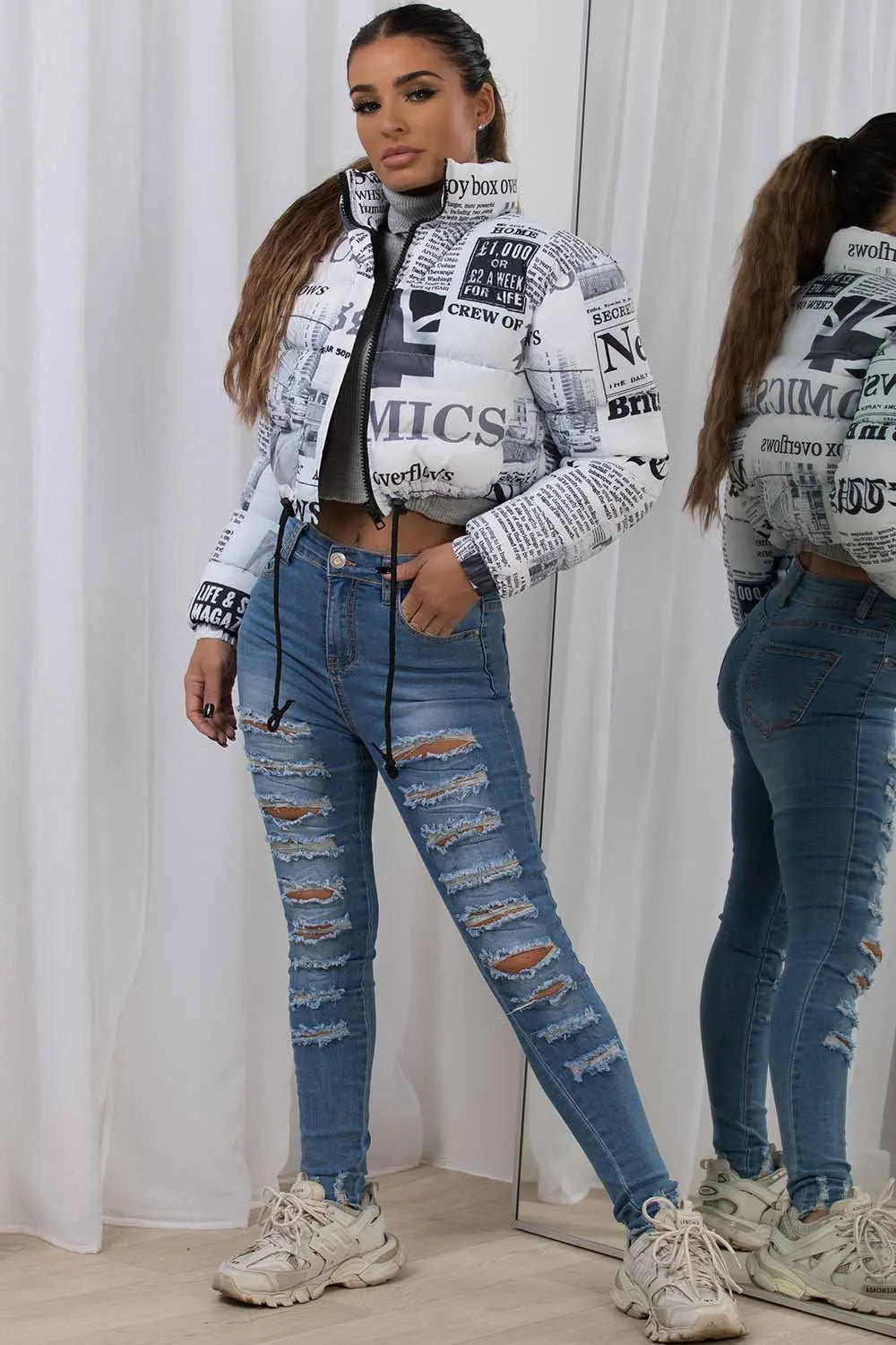 Cropped Puffer Jacket Newspaper Print