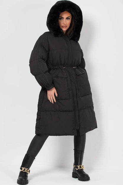 Long Black Puffer Coat With Faux Fur Hood And Drawstring Waist