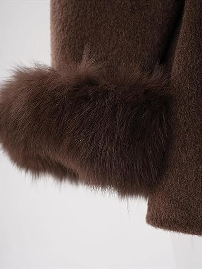 Women's Elegant Solid Color Waist Tie Fuzzy Cuff Wrap Coat, Premium Plush Long Sleeve Thermal Coat, Outerwear Jacket for Fall & Winter(CN/US)