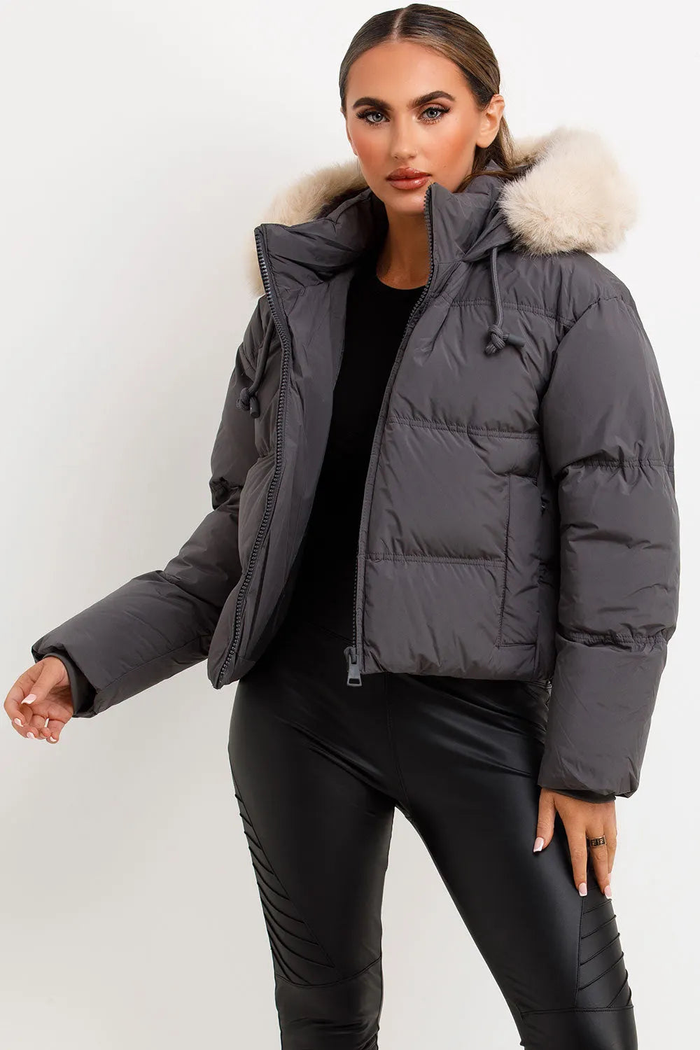 Grey Puffer Jacket With Faux Fur Hood