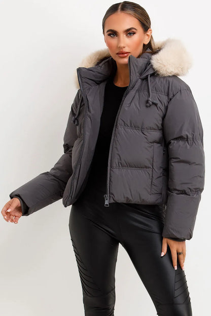 Grey Puffer Jacket With Faux Fur Hood