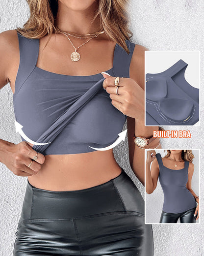 U-Neck Sleeveless Tank Seamless Skinny Layering Top with Built-In Bra