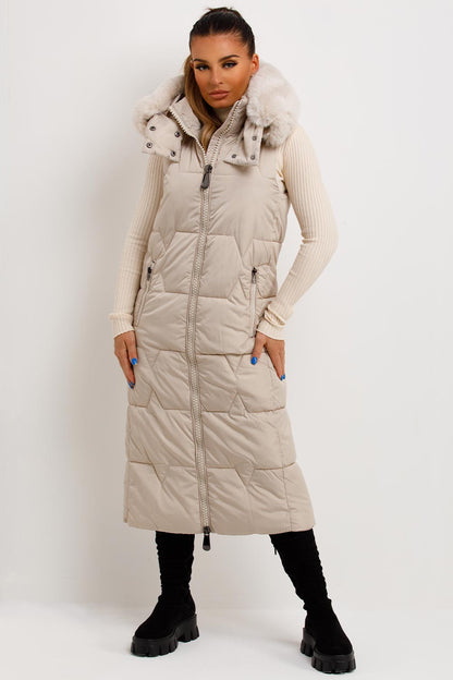Long Puffer Gilet With Faux Fur Hood Beige