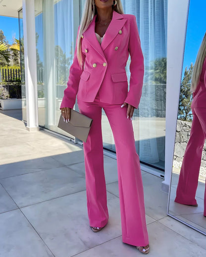 2 Pieces Outfit Notched Collar Double-Breasted Flap Detail Coat and Zipper Fly Elastic Back Waist Slim Fit Flared Pants Set Casual Blazer Set